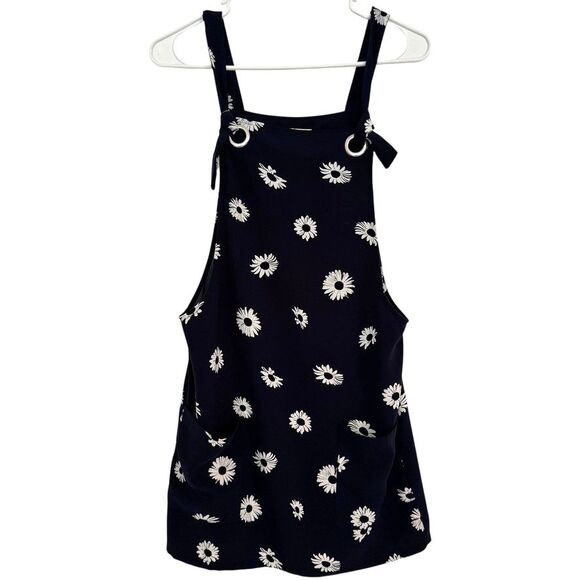 MANGO Womens Sz 2 Overall Jumper Mini Dress Floral Navy Blue White front pockets - Picture 1 of 6